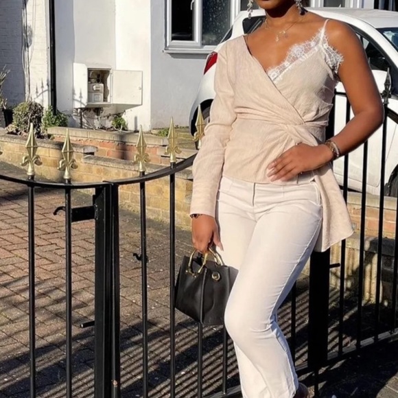 New Zara Beige Tan Asymmetrical Cami V Neck Lace One Shoulder Blouse Top - Picture 7 of 16